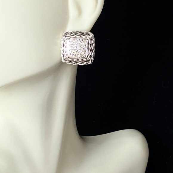 JOHN HARDY sterling silver/18K 0.34ct pave diamond square earrings 12.5g JR9847 - Picture 1 of 5